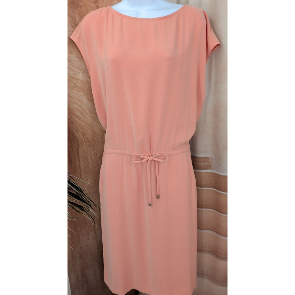 ST. JOHN Peach Drawstring Waist Midi Shift Dress Pockets Cap Sleeve